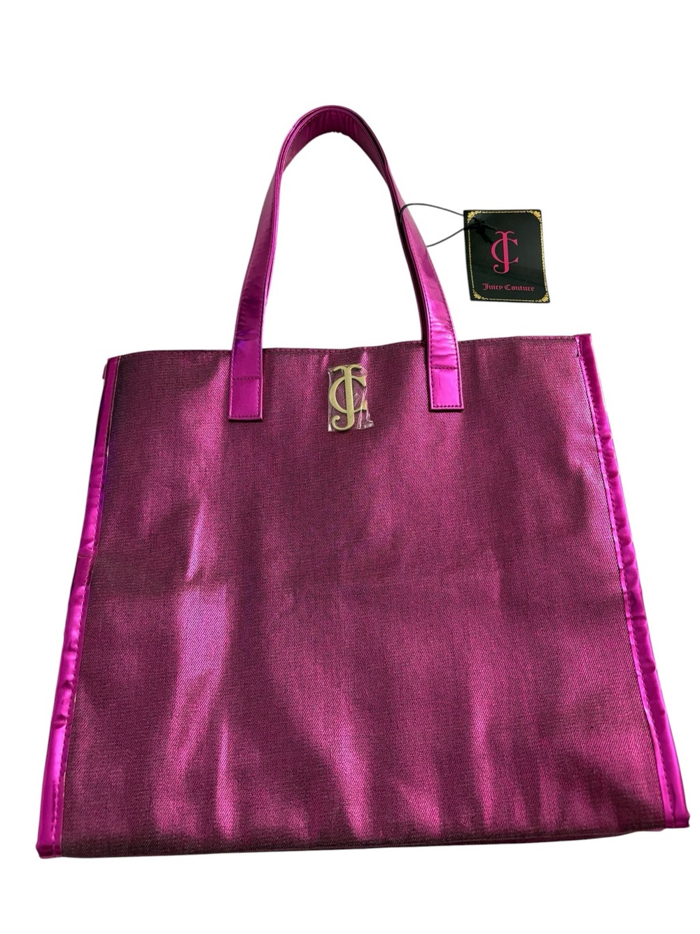 Juicy Couture Metallic Pink Tote Bag JC Gold Logo Emblem Hot Pink Straps NWT